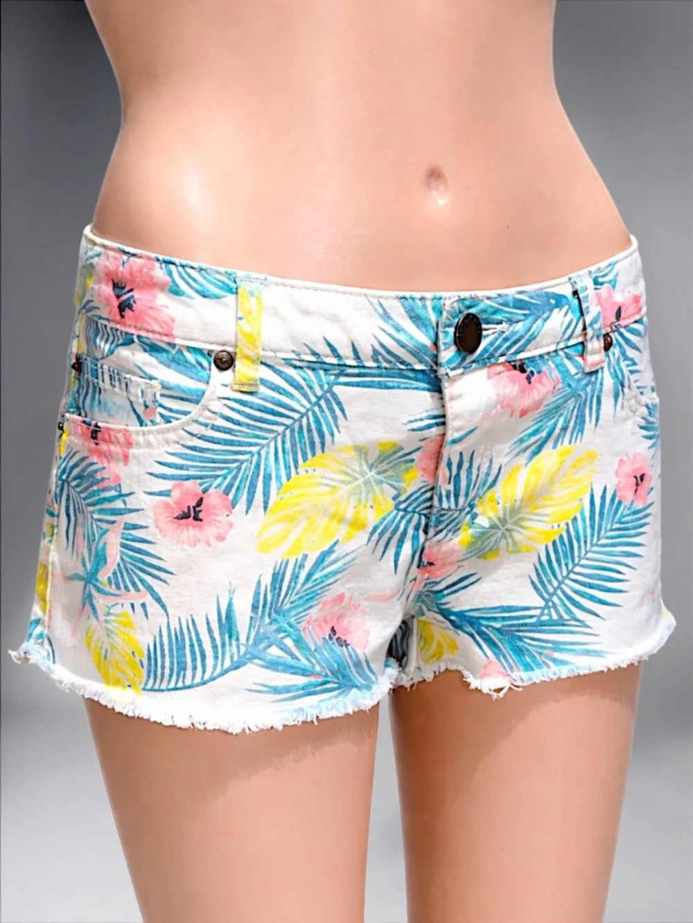 Tropical Print Women’s White Denim Shorts